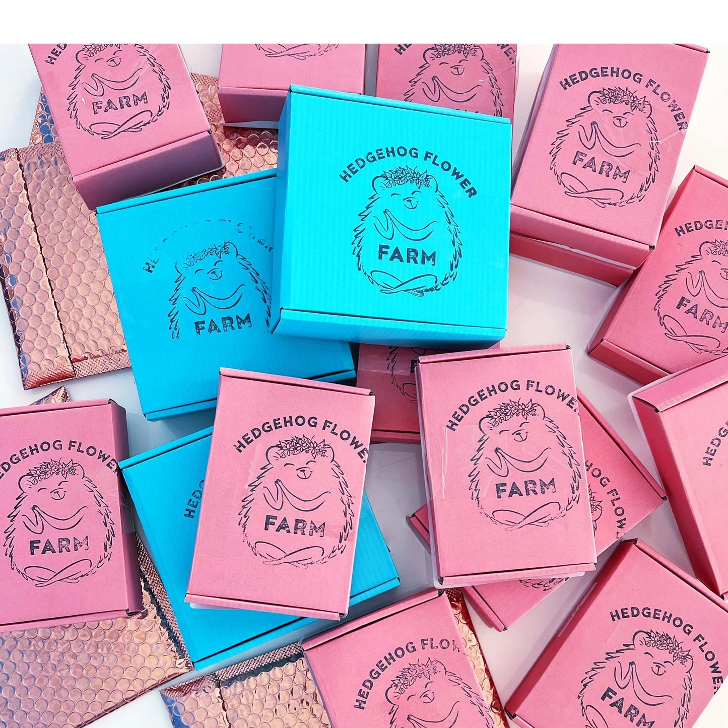 A collection of small, square boxes with a hedgehog design. The boxes are in shades of pink and blue and feature the text 'Hedgehog Flower Farm' with a hedgehog illustration. The boxes are stacked and arranged in a random pattern.