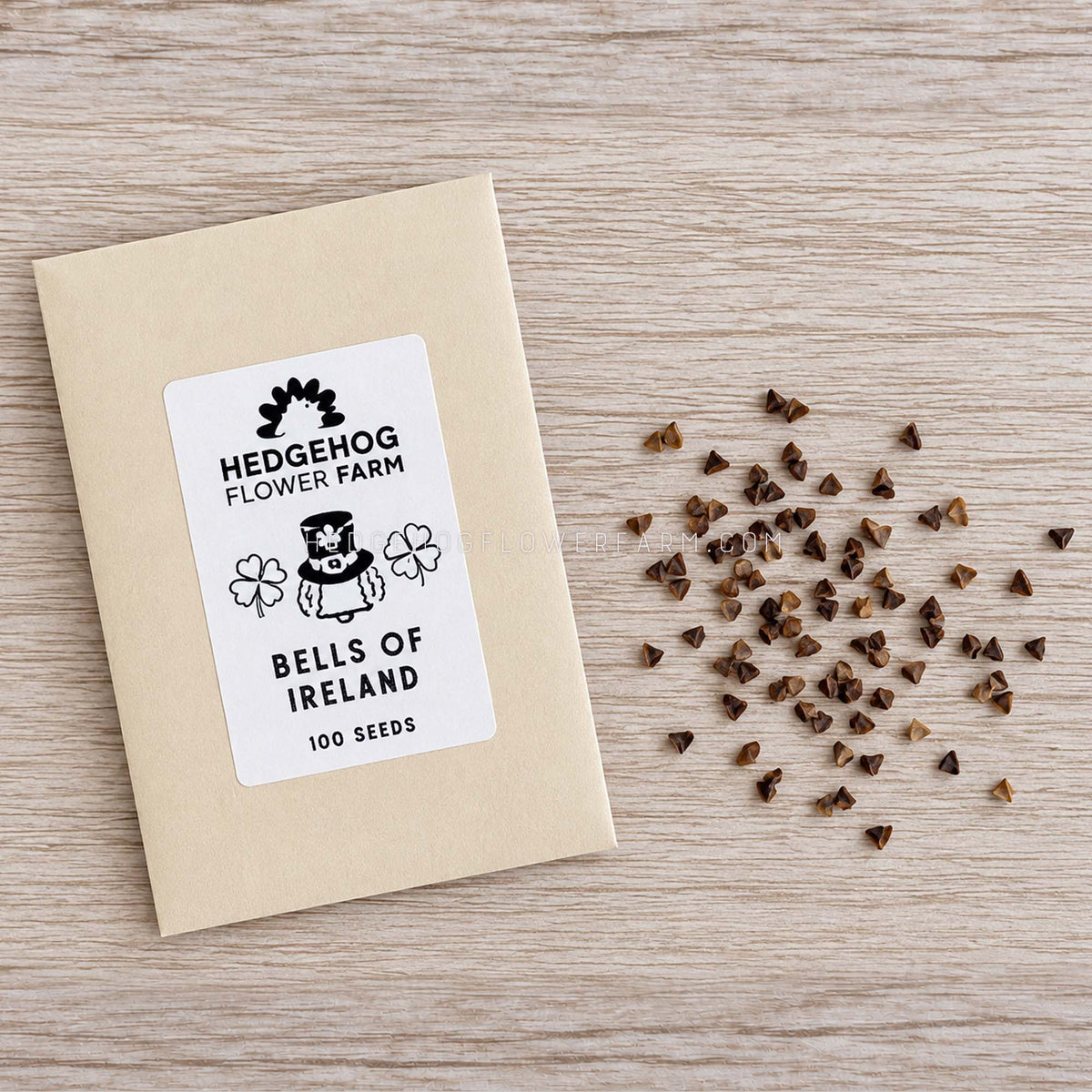 A kraft paper seed packet labeled 'Hedgehog Flower Farm Bells of Ireland 100 Seeds' lies on a light wood surface with scattered brown seeds to the right.