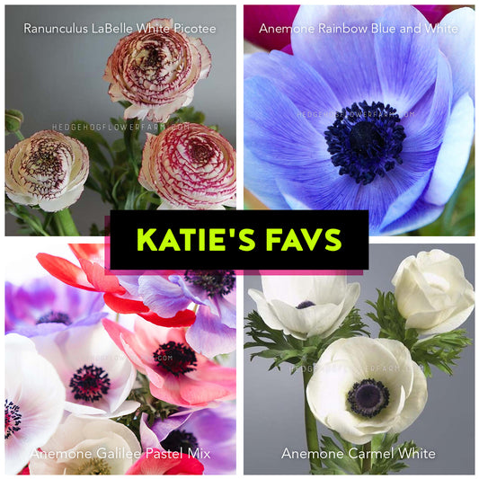 Collage of flowers with 'KATIE'S FAVS' text overlay showing LaBelle White Picotee Ranunculus, Anemone Rainbow Blue and White, Anemone Galilee Pastel Mix and Anemone Carmel White